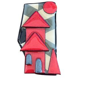 Handcrafted Lucinda House Pin Brooch Red Black Abstract Design Moon Sun 3"x1.5"